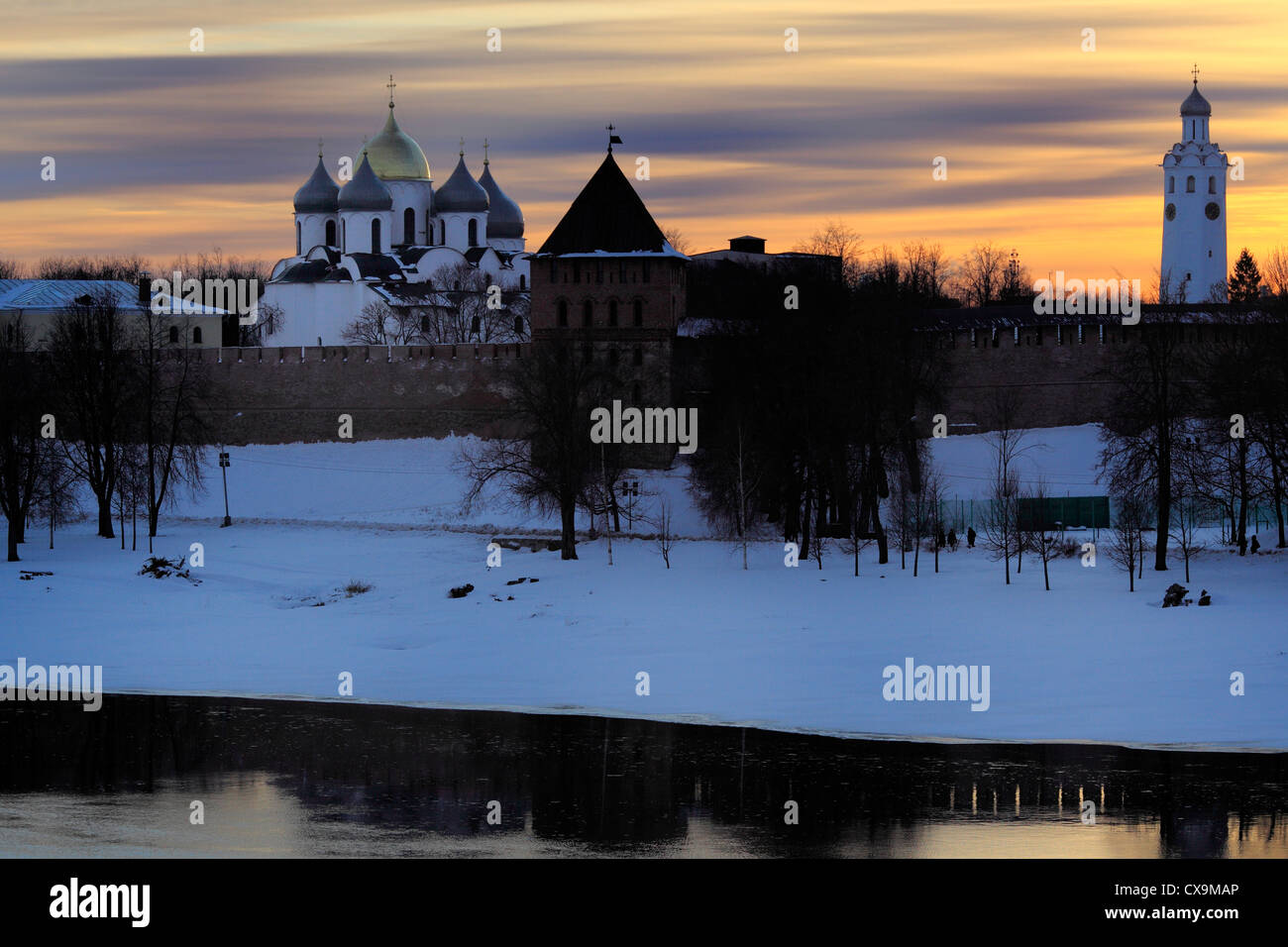 Novgorod Kremlin and river Volkhov at sunset, Veliky Novgorod, Novgorod region, Russia Stock Photo