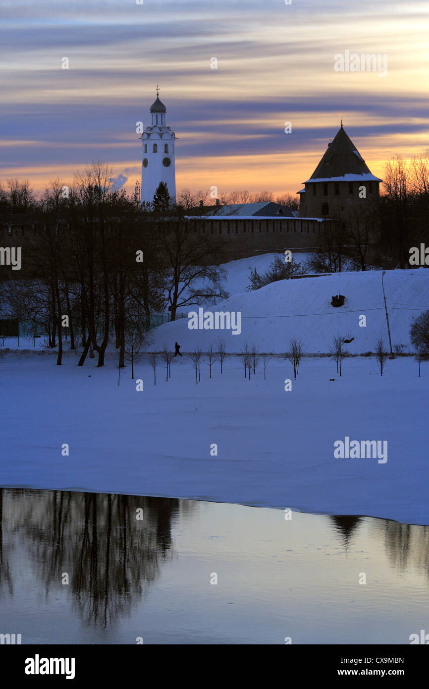 Novgorod Kremlin and river Volkhov at sunset, Veliky Novgorod, Novgorod region, Russia Stock Photo