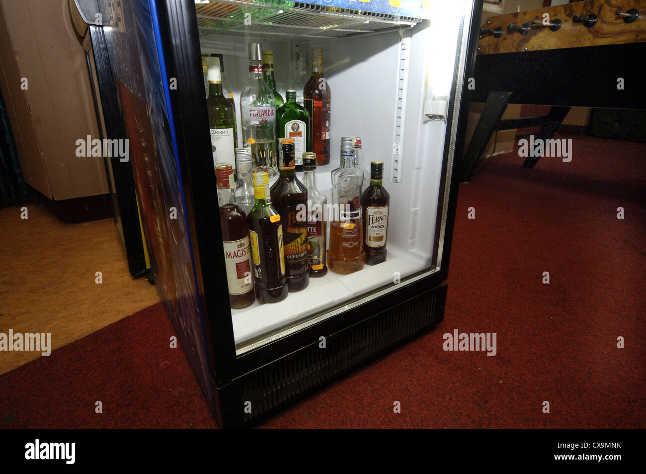 bottles, restaurant, pub, prohibition,  methyl alcohol, Complete ban of hard alcohol in the Czech Republic Stock Photo