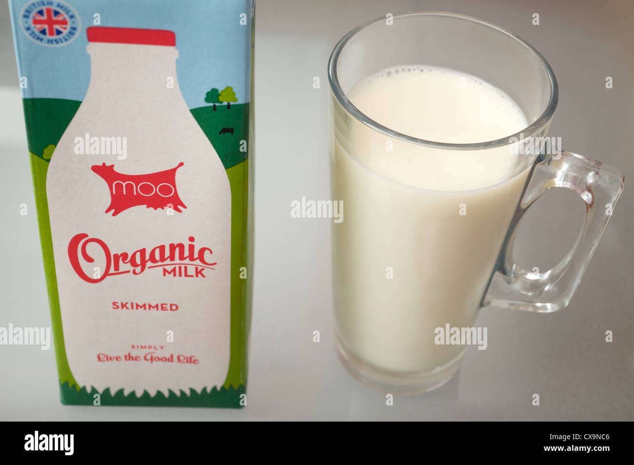 Moo organic skimmed milk Stock Photo