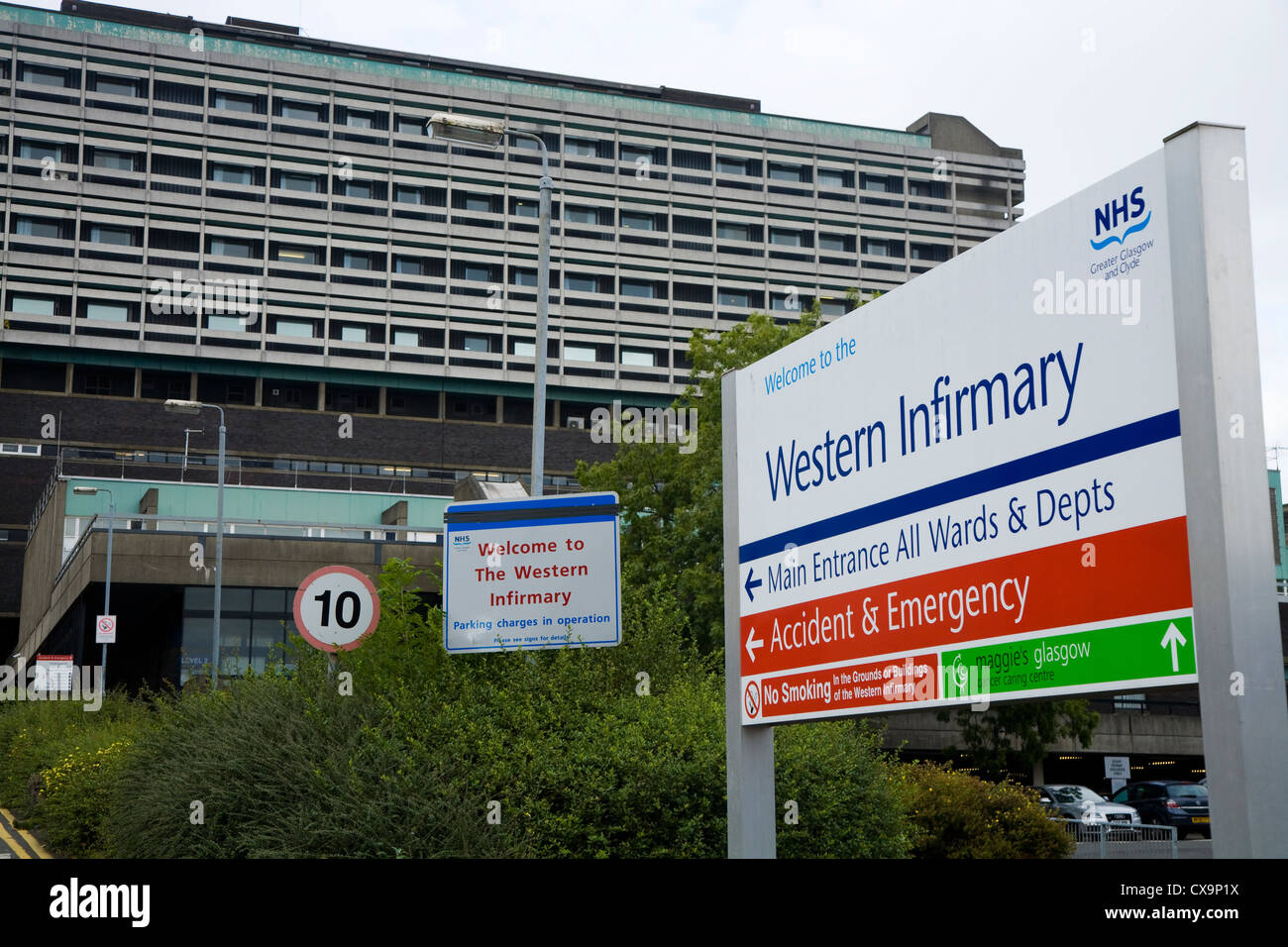 Sign and information signs and the Western Infirmary NHS Hospital, in