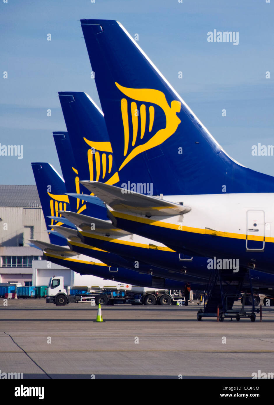 Ryanair aircraft on the stand showing tailfin or sail logo Stock Photo