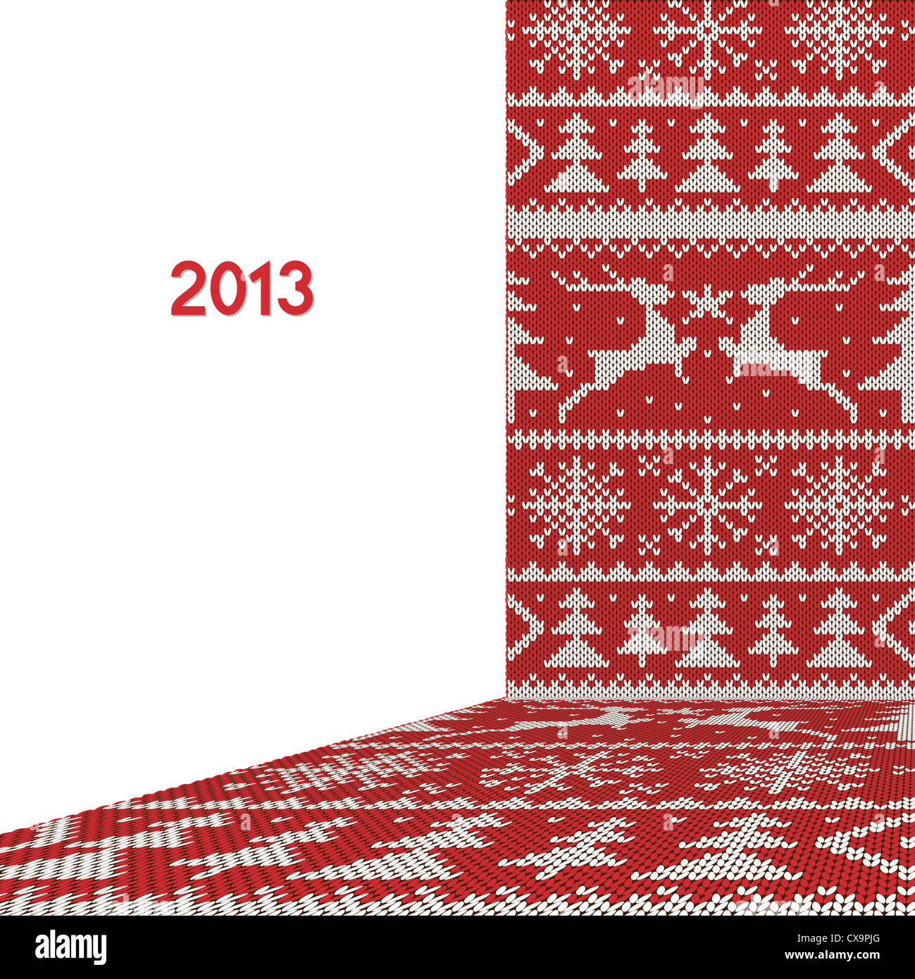 White Christmas ornament on red background. New year knitted fabric Stock Photo