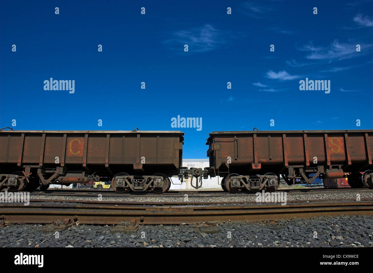 Rail freight train wagons. Stock Photo