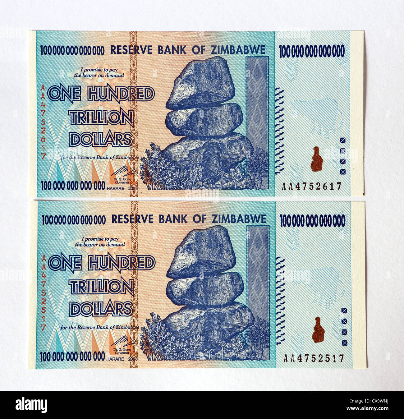 Reserve Bank of Zimbabwe One Hundred Trillion Dollars bank note. Stock Photo