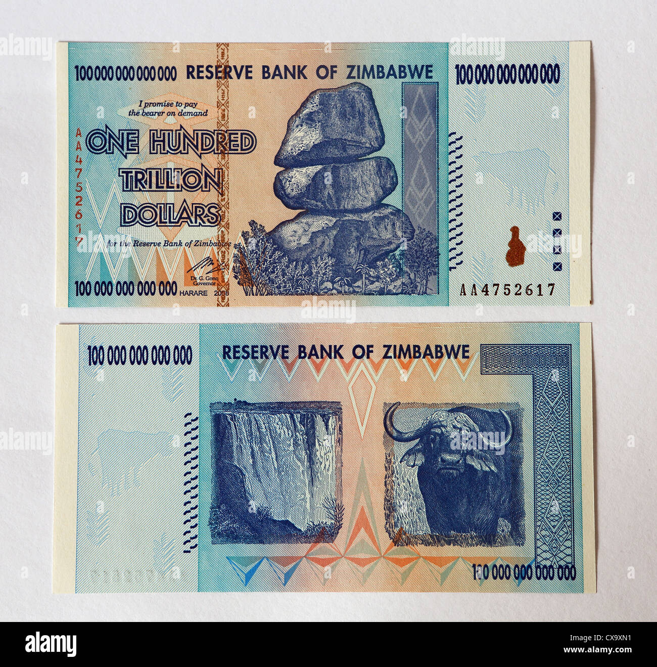 Reserve Bank of Zimbabwe One Hundred Trillion Dollars bank note. Stock Photo