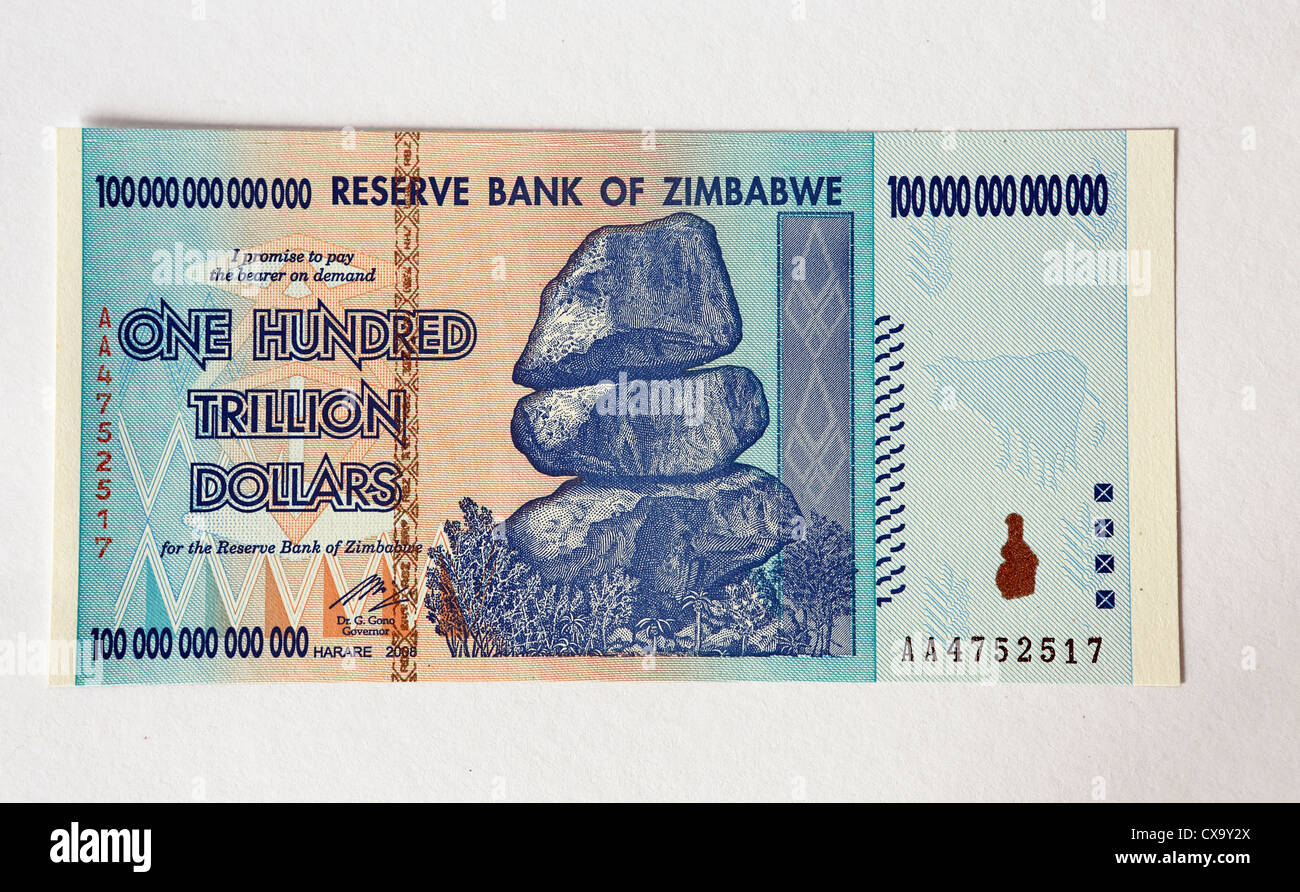 Reserve Bank of Zimbabwe One Hundred Trillion Dollars bank note. Stock Photo