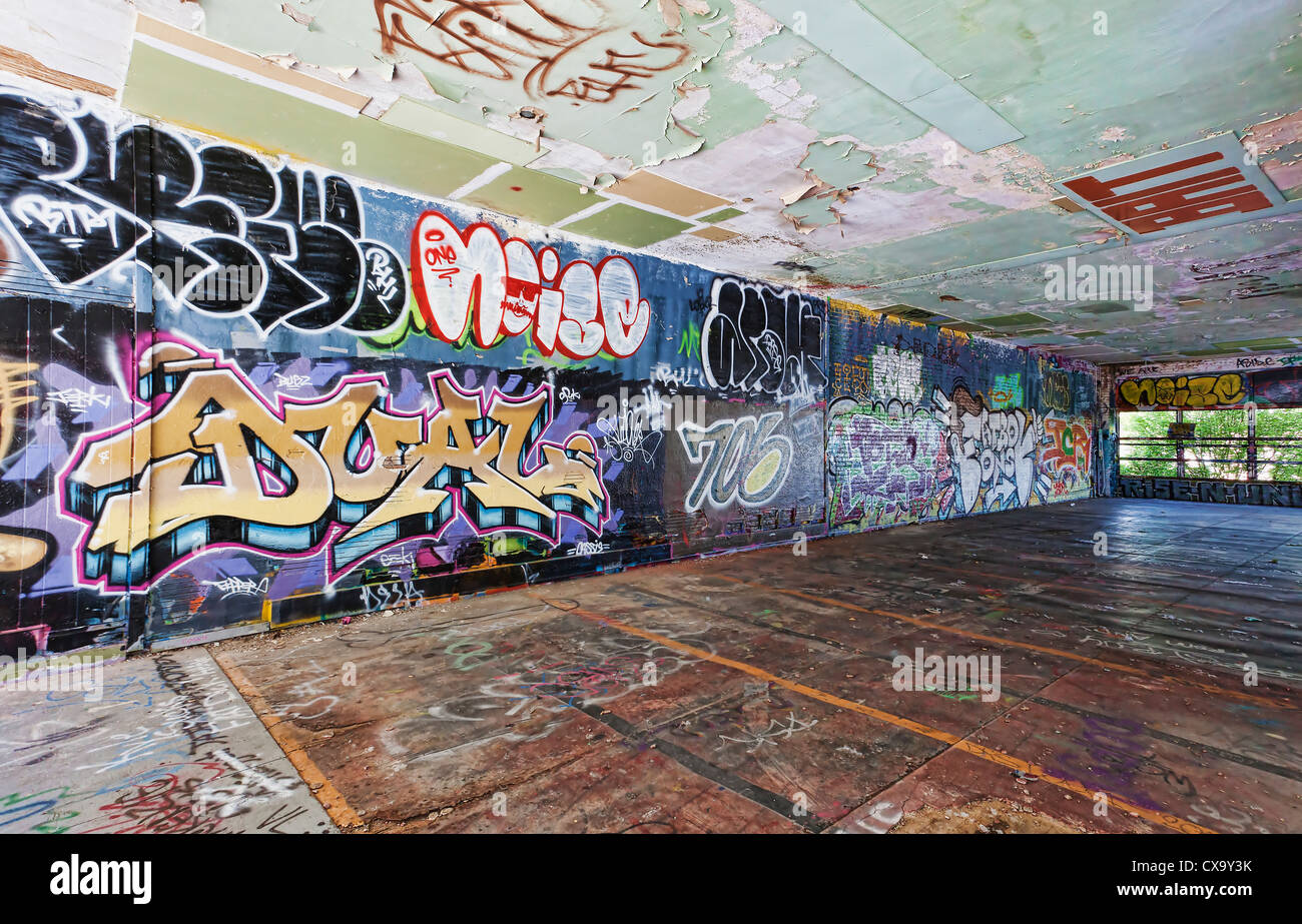 Graffiti on the walls of a parking garage, opened to urban artists to