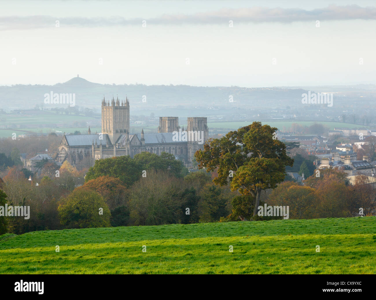 Wells Cathedral with Glastonbury Tor in the Distance. Somerset. England. UK. Stock Photo