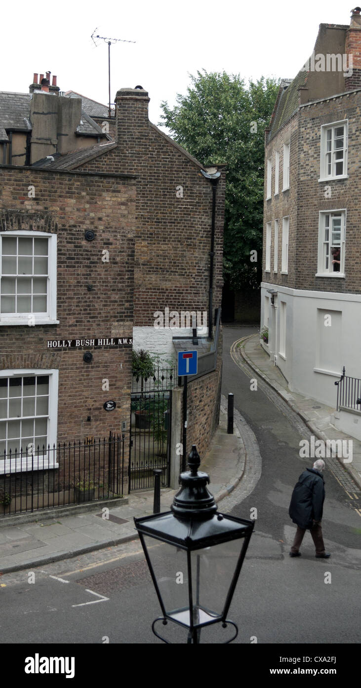 An elevated view of Holly Bush Hill NW3 Hampstead with a gas streetlamp