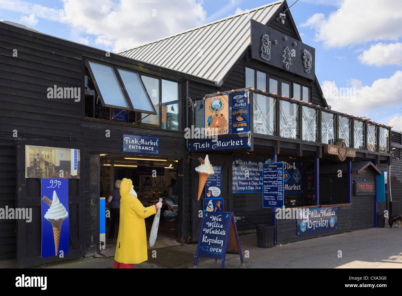 Whitstable Fish Market and seafood restaurant selling shellfish on