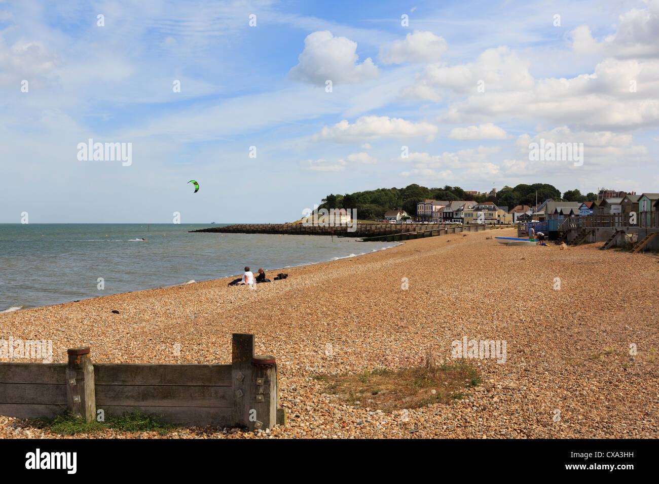 View along quiet shingle beach in north Kent resort on Thames estuary coast at Whitstable, Kent, England, UK, Britain, Stock Photo