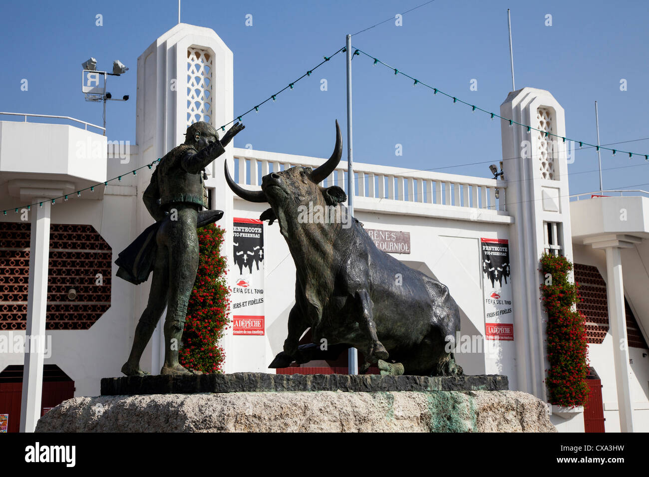 Bull ring and statue in Vic Fezensac, Gers, Gascony, France Stock Photo