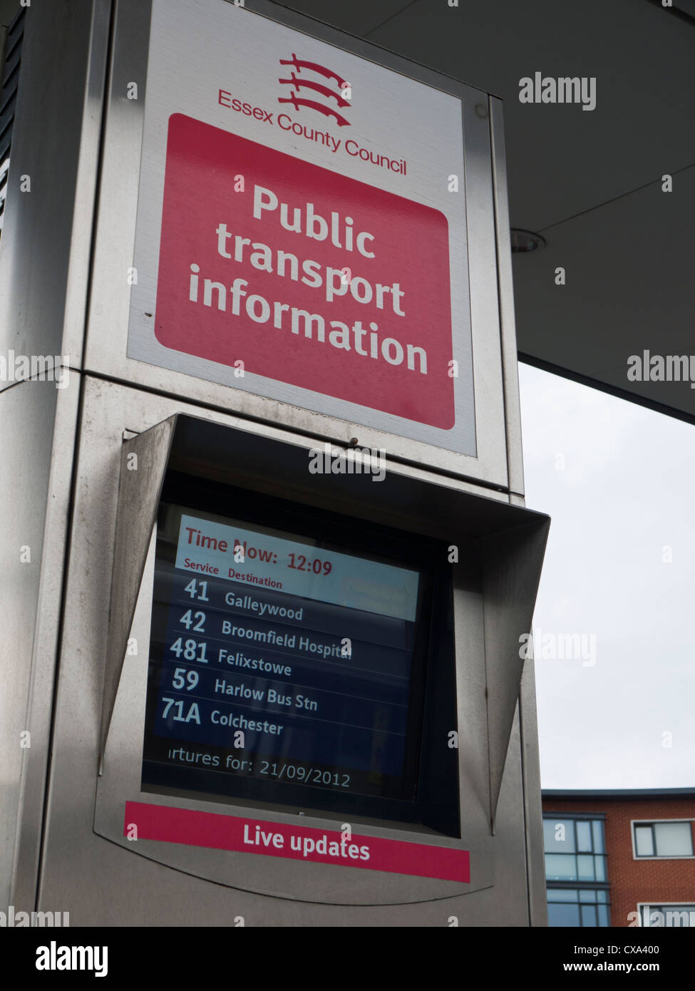 Public transport information display operated by Essex County Council in Chelmsford, Essex Stock Photo