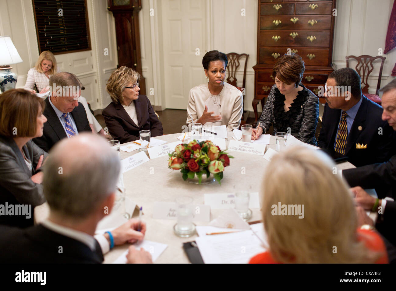 Michelle Obama and Jill Biden (bottom right) meet Members on Congress to discuss the Joining Forces military families initiative Stock Photo