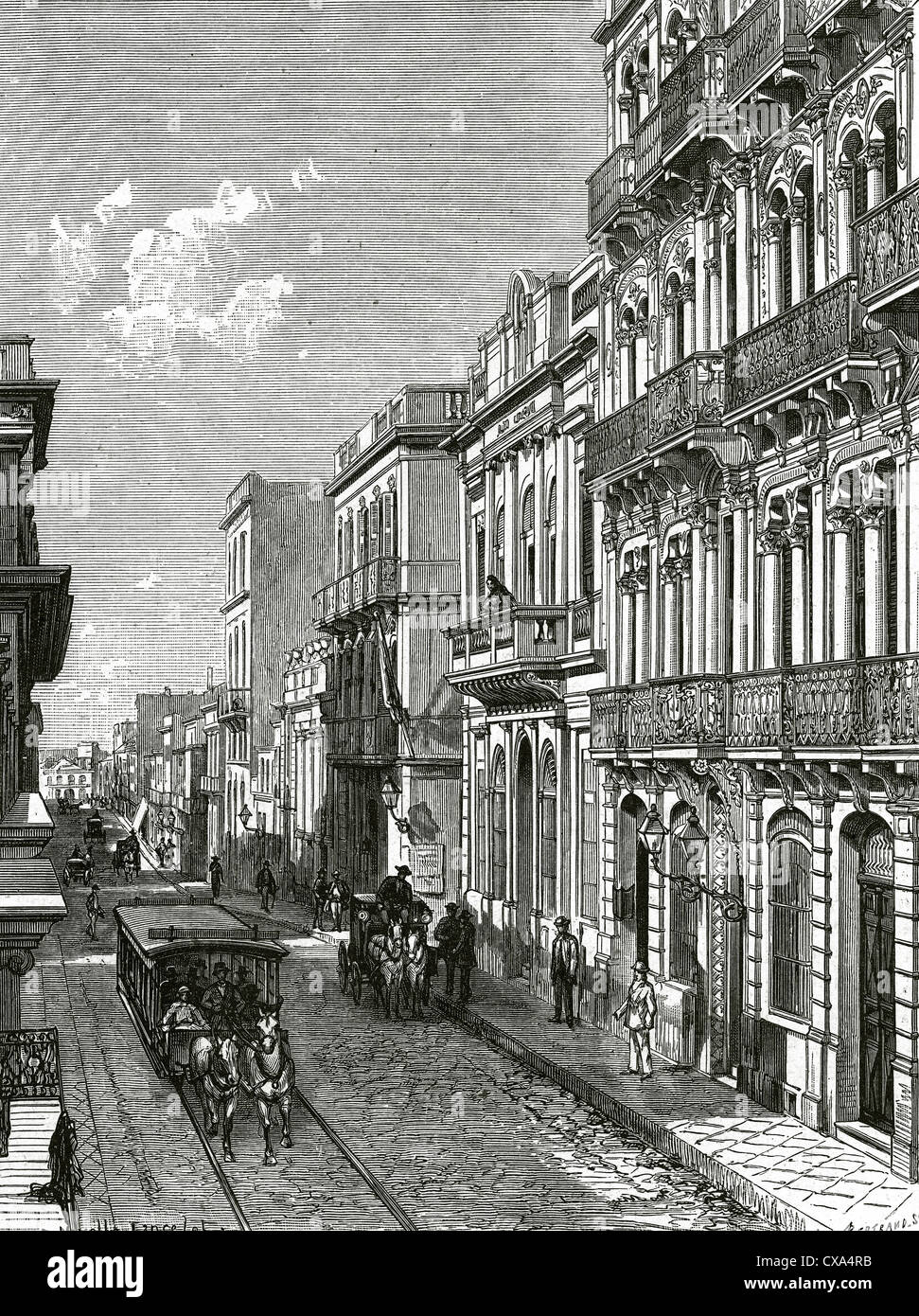 Uruguay. Montevideo. 19th century. A city street. Engraved by A. Bertrand published in 'The Enlightenment', 1887. Stock Photo