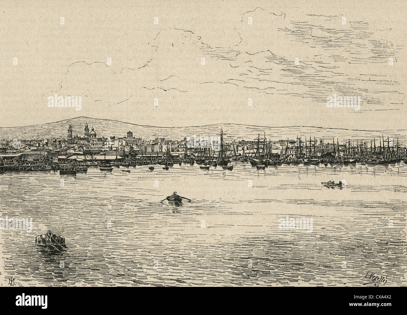 Uruguay. Montevideo. 19th century. City and harbor. Engraved by L. Urgelles published in 'The Enlightenment', 1891. Stock Photo