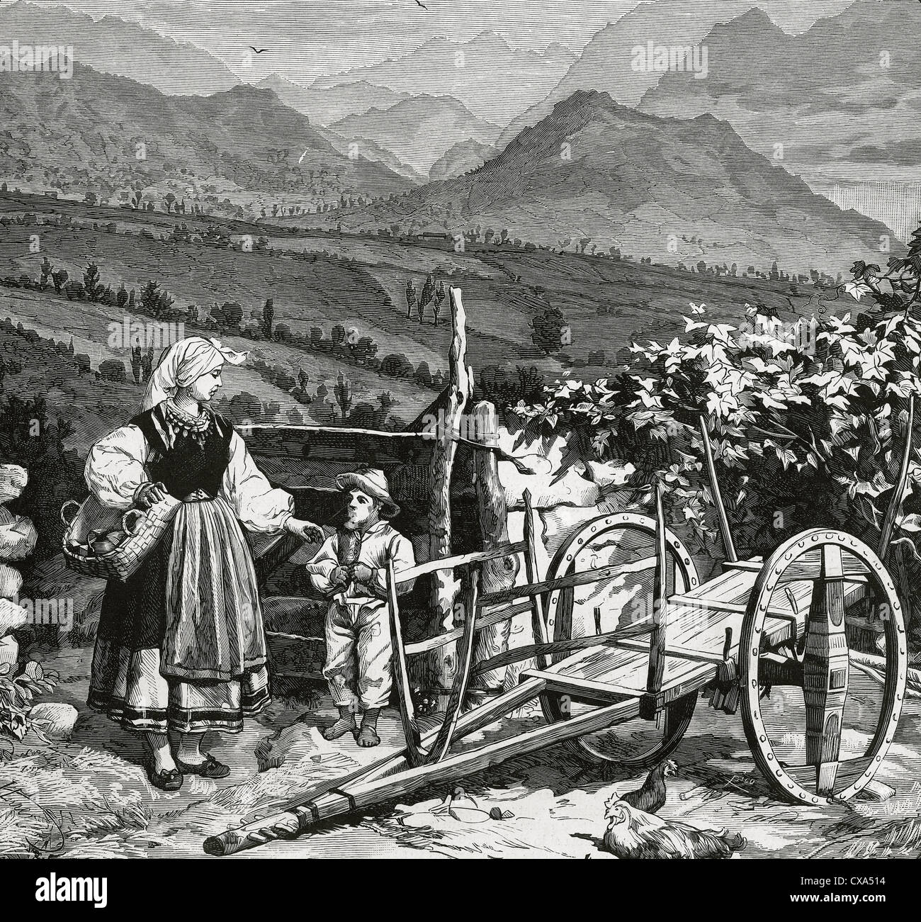 Spain. Northern peasants. Engraving in "The Spanish and American