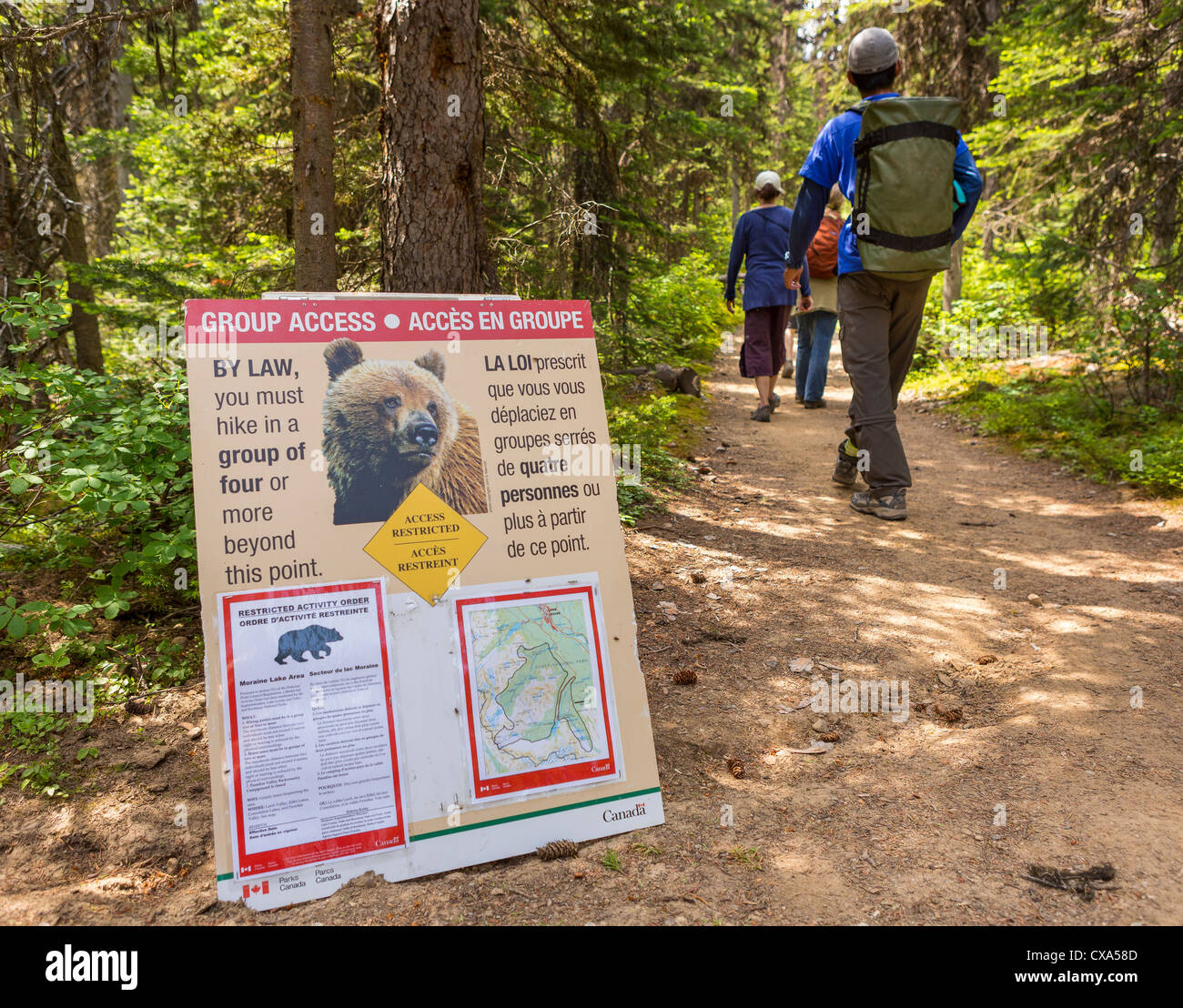 ALBERTA, CANADA - Bear activity warning sign on trail in Paradise Valley in Banff National Park. Stock Photo