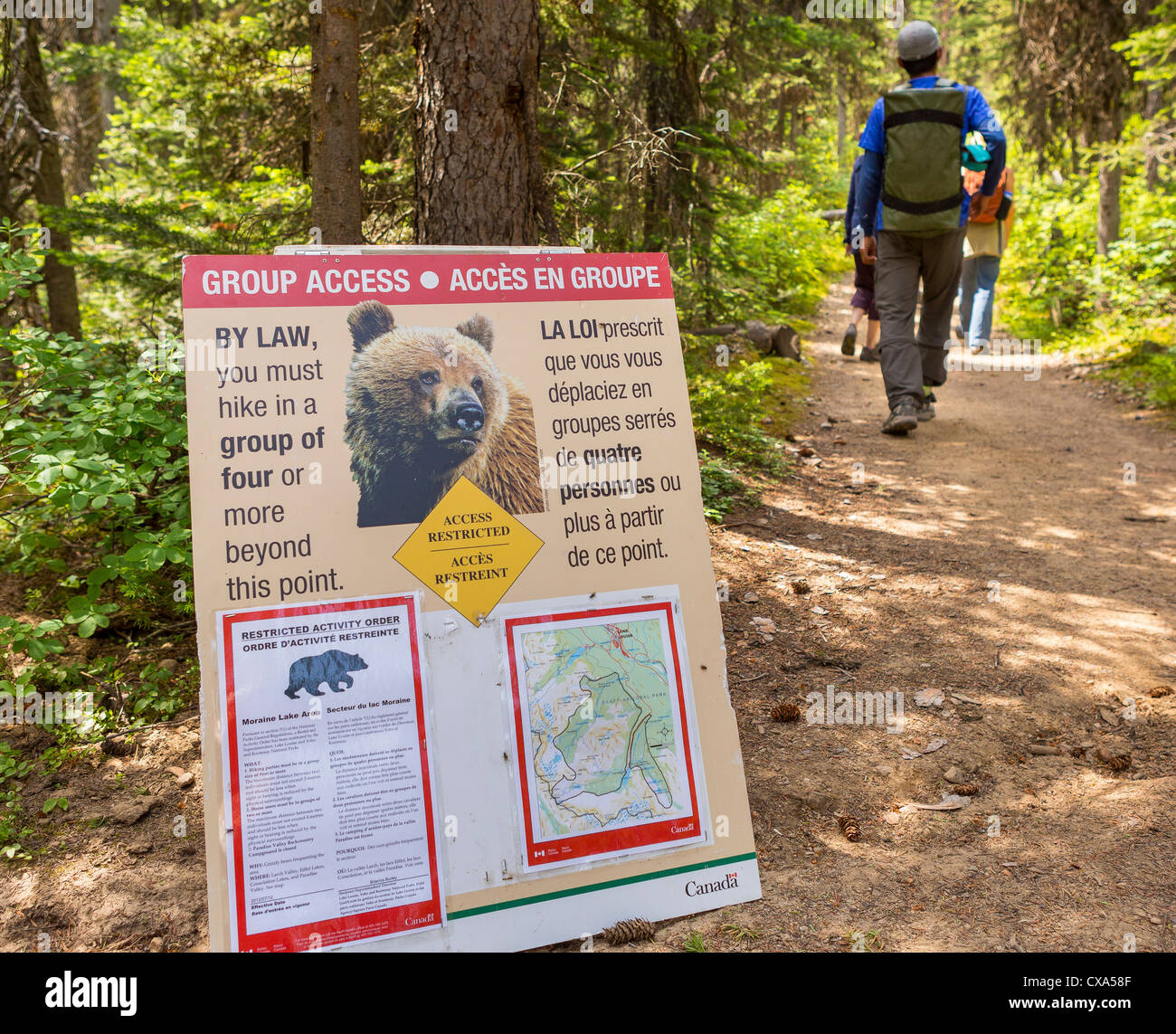ALBERTA, CANADA - Bear activity warning sign on trail in Paradise Valley in Banff National Park. Stock Photo