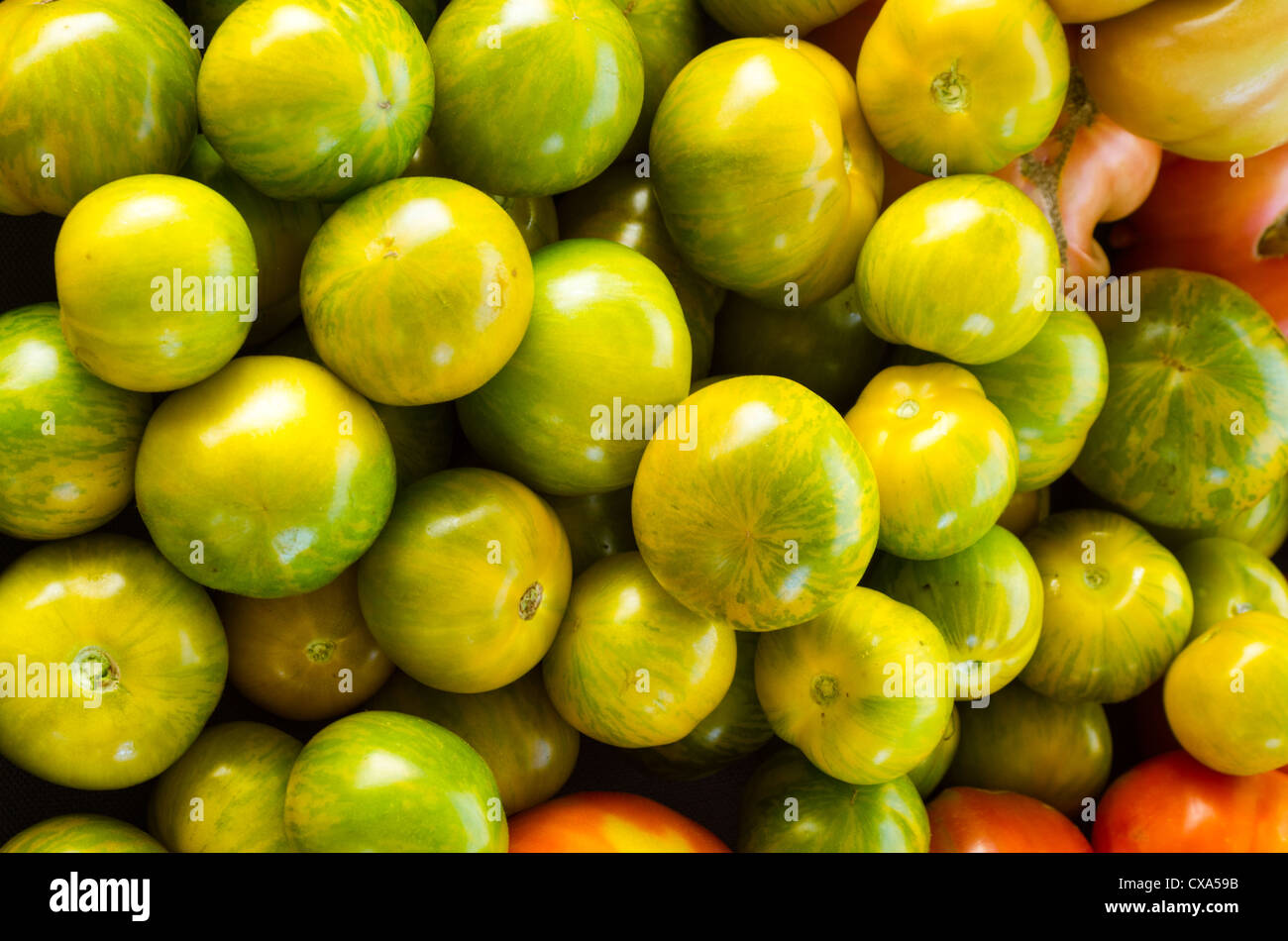 Fresh green heirloom tomatoes on display at the market Stock Photo - Alamy