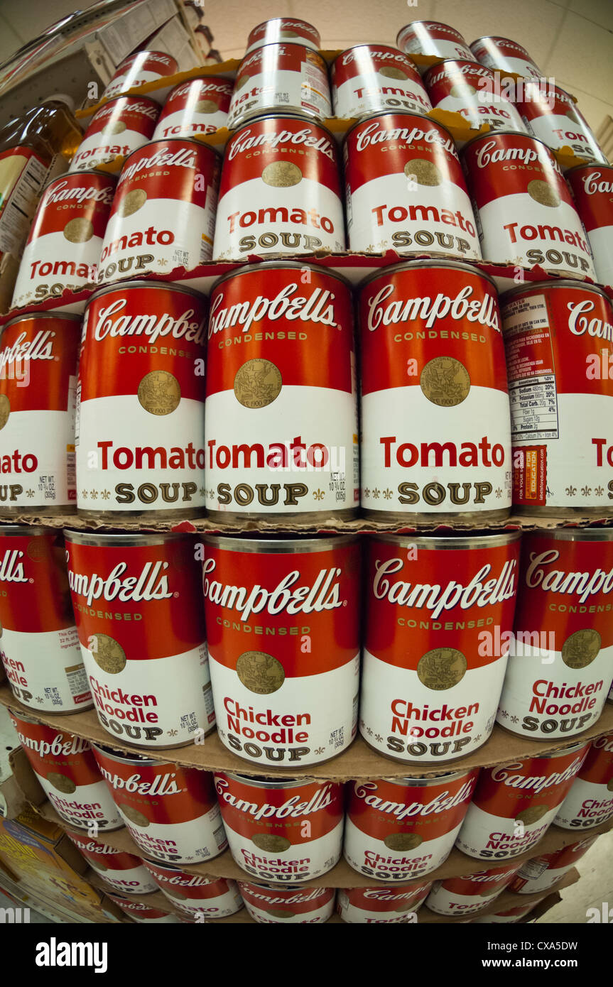 A tower of cans of Campbell's Soup are seen in a supermarket in New York on Tuesday, September 18, 2012. (© Richard B. Levine) Stock Photo