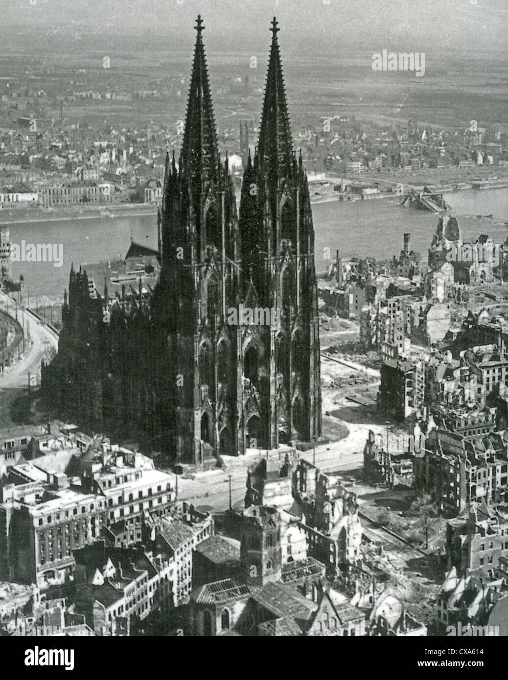 COLOGNE, Germany, in 1945 showing the Cathedral structure still intact  after Allied bombing raids. Stock Photo