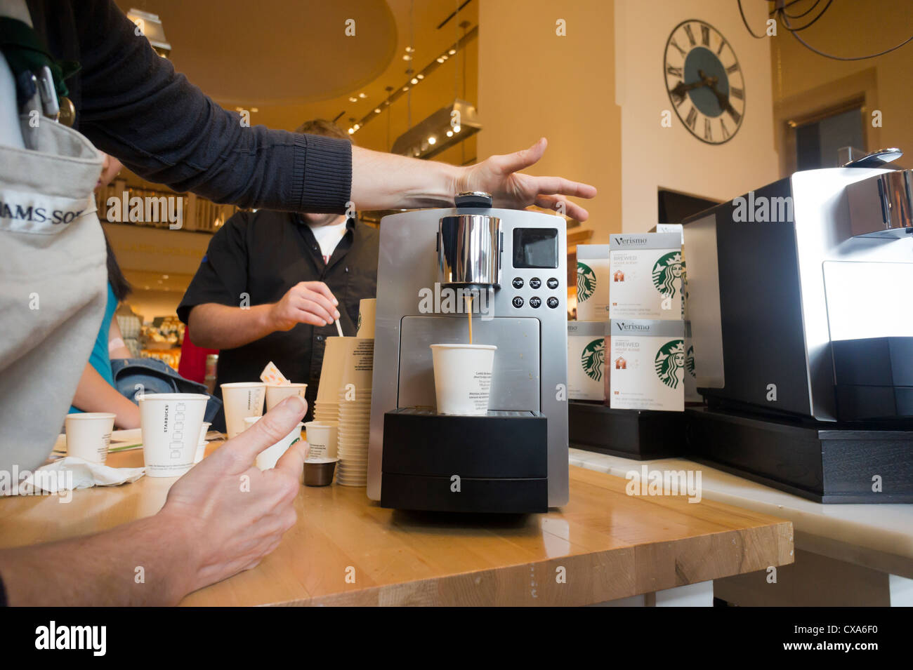 A single up serving of espresso from a newly introduced Starbucks brand single-shot espresso coffee brewer Stock Photo