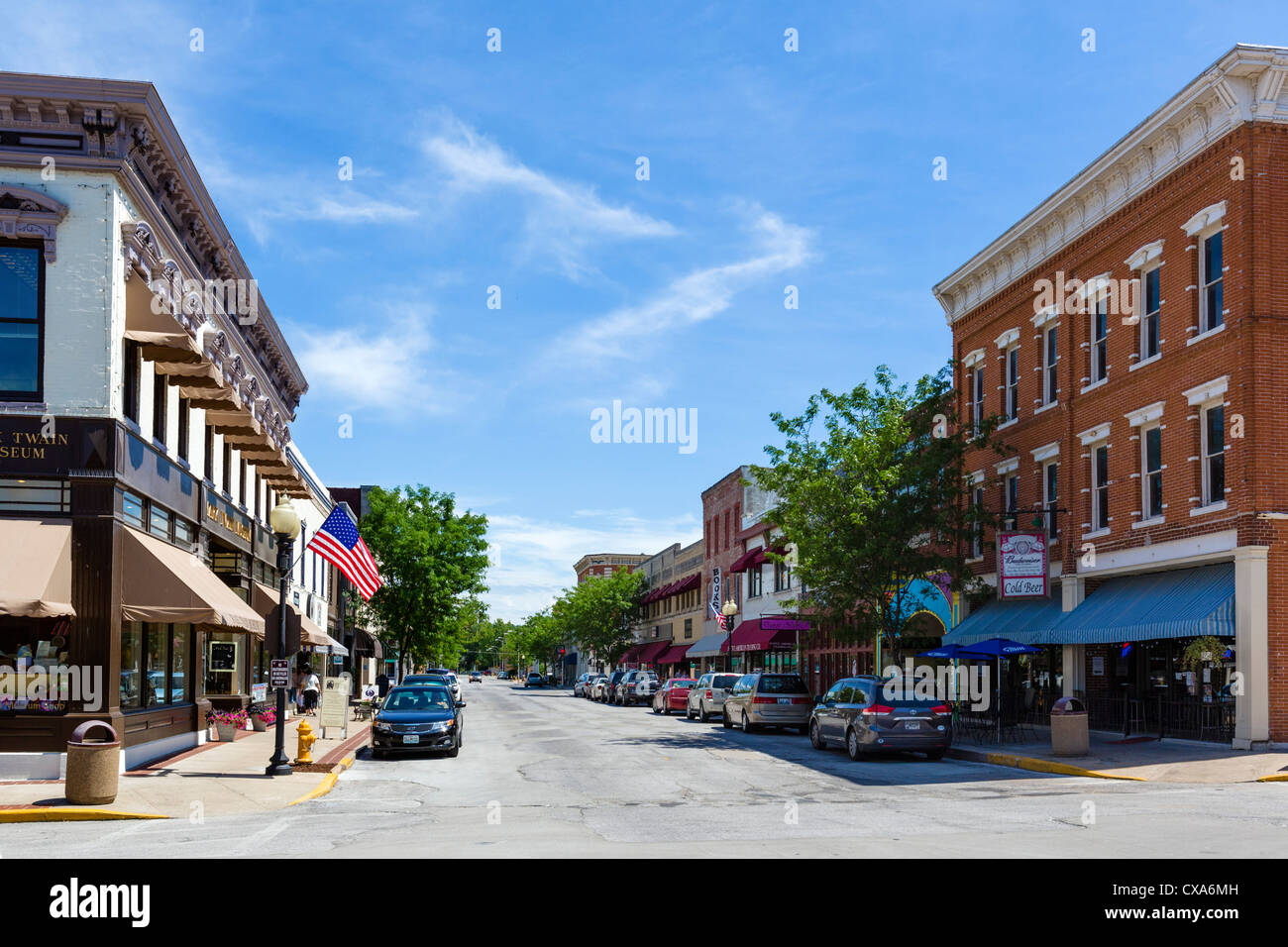 Main Street with the Mark Twain museum on the left, Hannibal, Missouri, USA Stock Photo