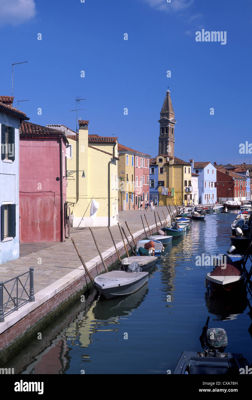 Burano Fondamenta della Peschiera and canal Leaning tower of San Martino church Venetian lagoon Venice Veneto Italy Stock Photo