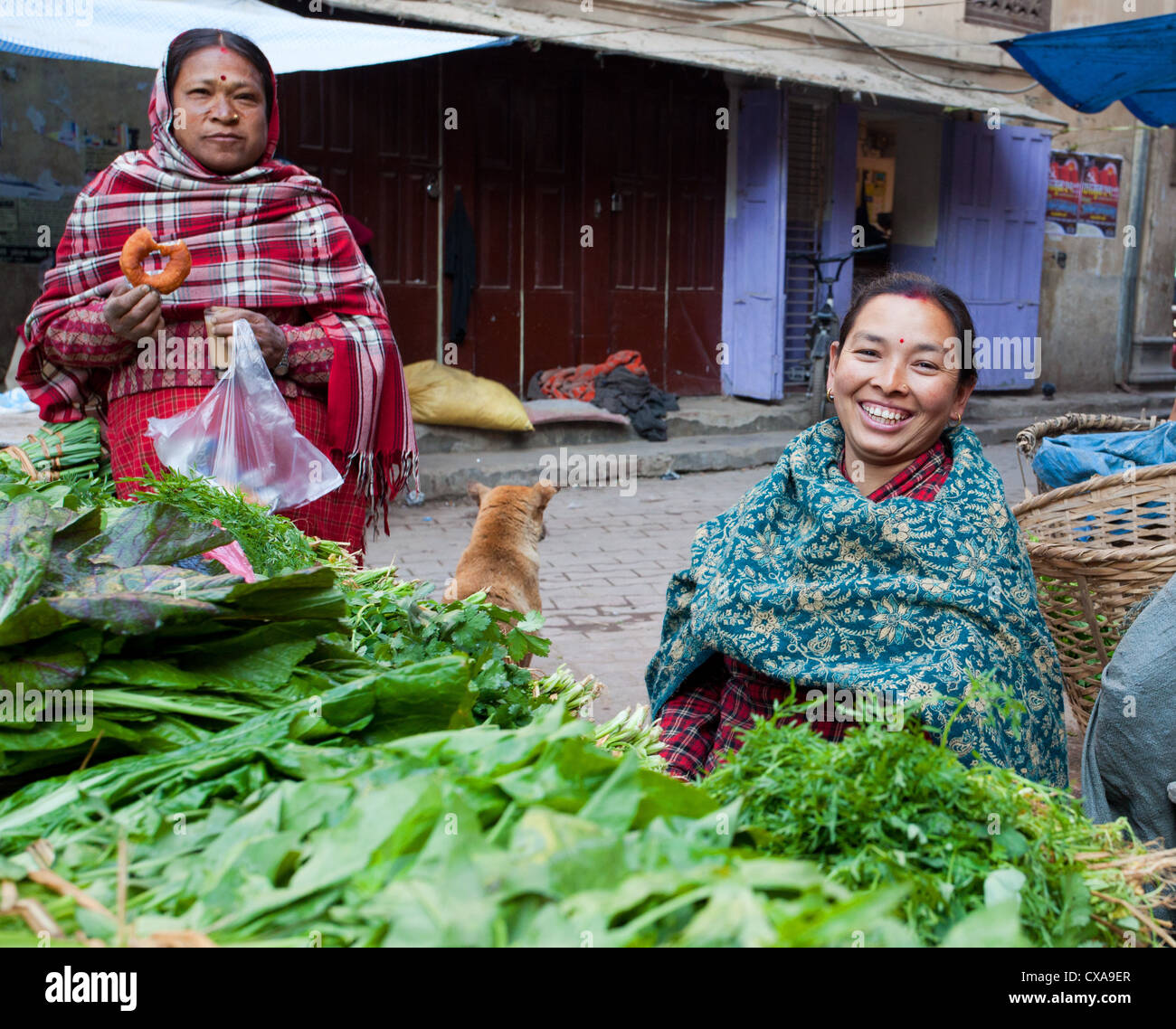 Nepali women selling green vegetables at a market in Kathmandu, Nepal Stock Photo