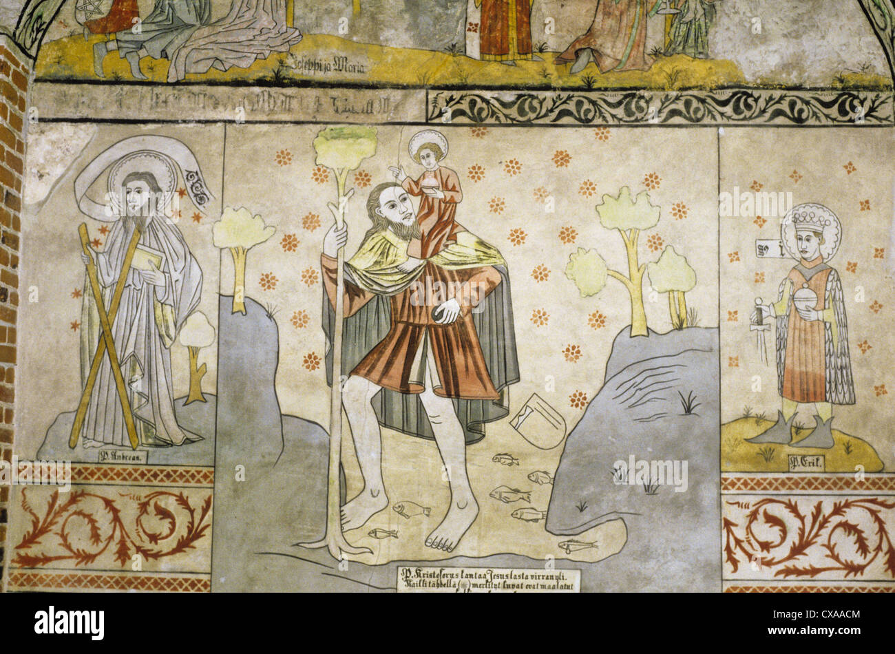 Decorative painting in the 14th century Finnish Church of the Holy Cross, Taivassalo, Finland Stock Photo