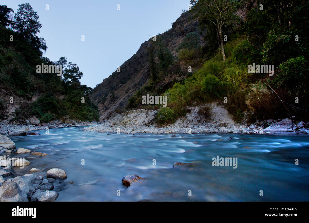 Beautiful mountain river flowing through the Langtang Valley, Nepal Stock Photo
