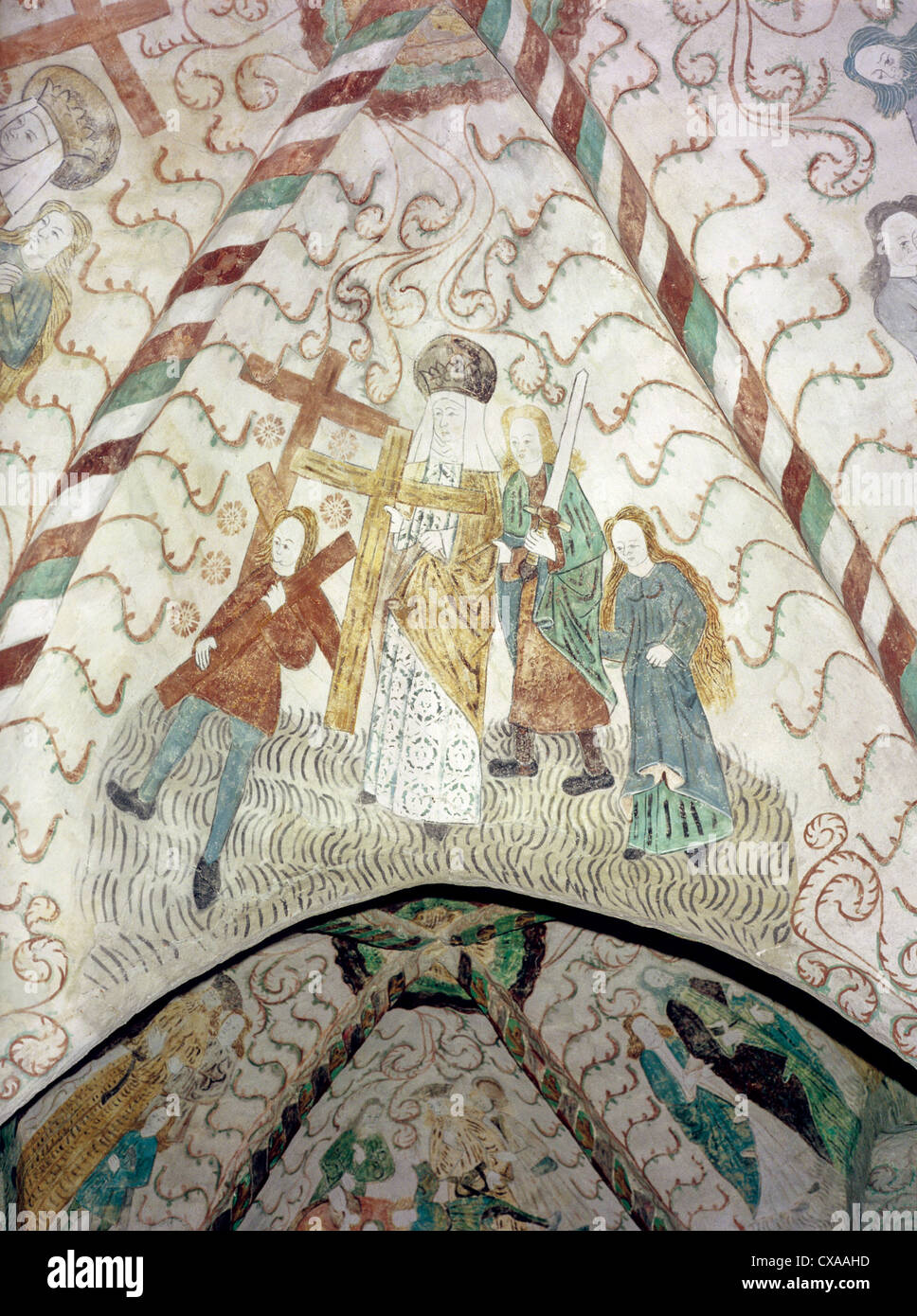 Vaulted ceiling with painted al secco murals in the 15th century medieval St. Lawrence Church of Lohja, Finland Stock Photo