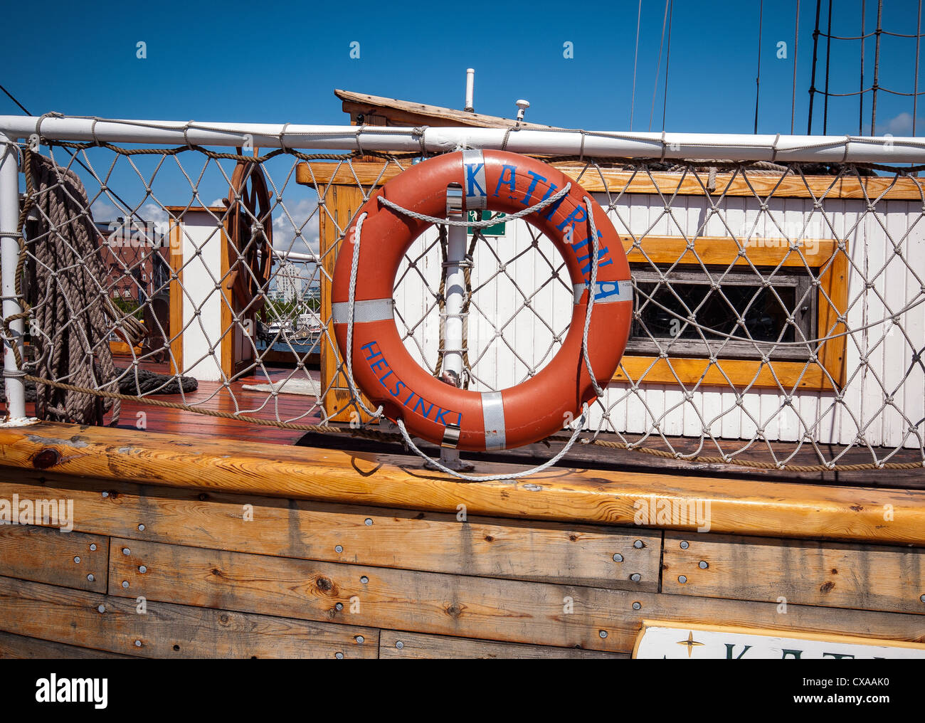 Old wooden charter boat detail. Halkolaituri Firewood Quay Helsinki Stock Photo