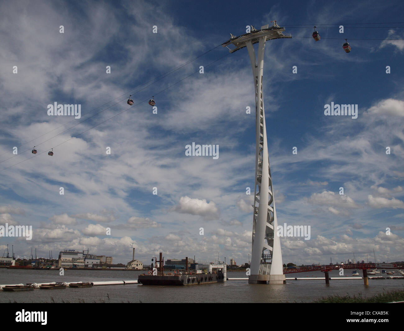 Cable cars operating at North Greenwich with towering pylon against a