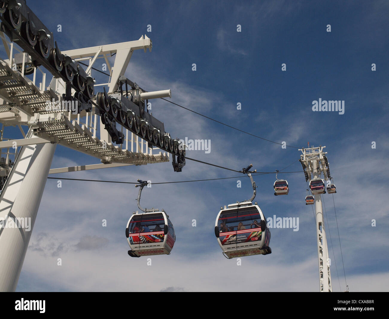 Cable cars at North Greenwich with pylons and operating gear against a blue sky with wispy clouds Stock Photo