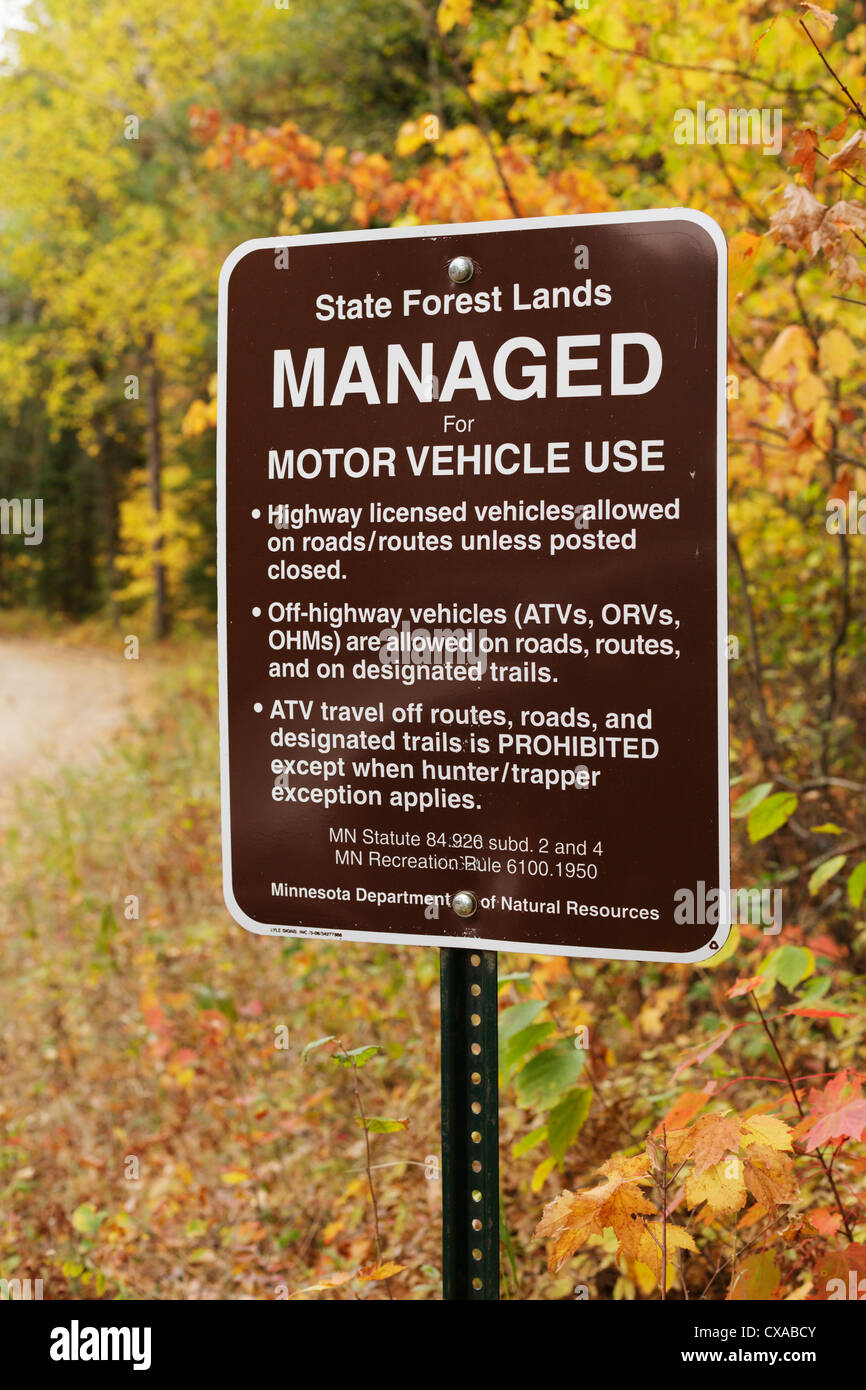 A Minnesota state forest sign designating it as managed for motor vehicle use.   Northern Minnesota, USA. Stock Photo