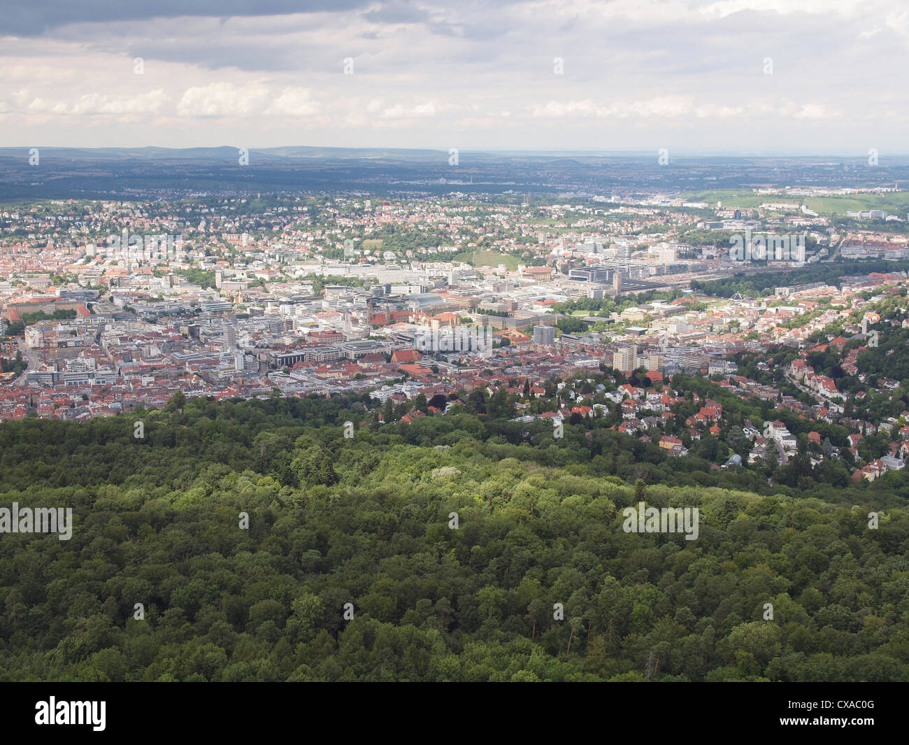 Aerial view of the city of Stuttgart in Germany seen form the ...