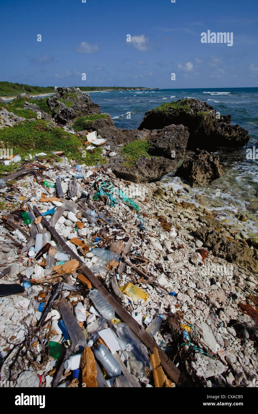 Trash found along the coast of the Swan Islands off the coast of Honduras. Stock Photo