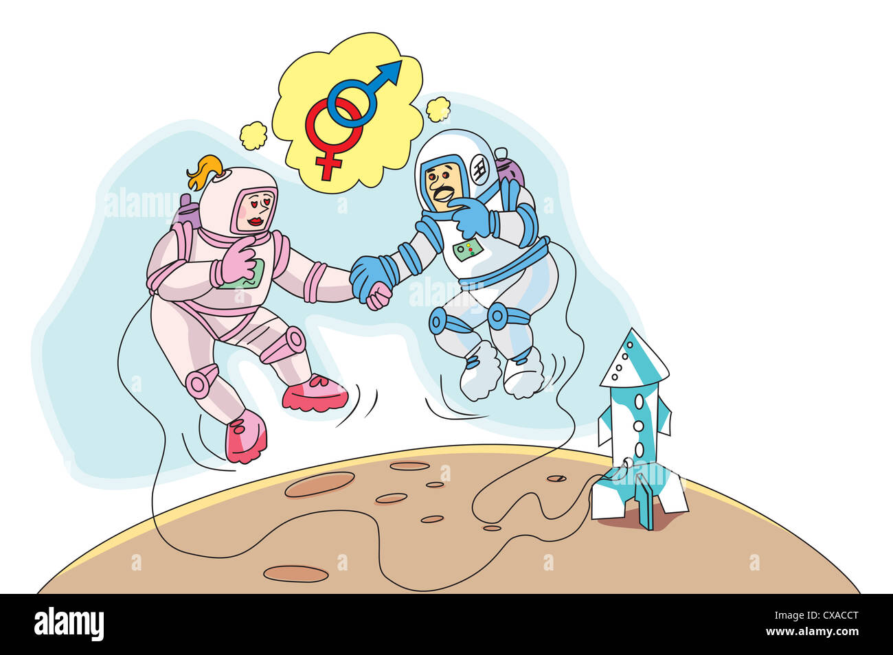 Astronauts in Love, Space Walk, Rocket to the Moon, vector illustration Stock Photo