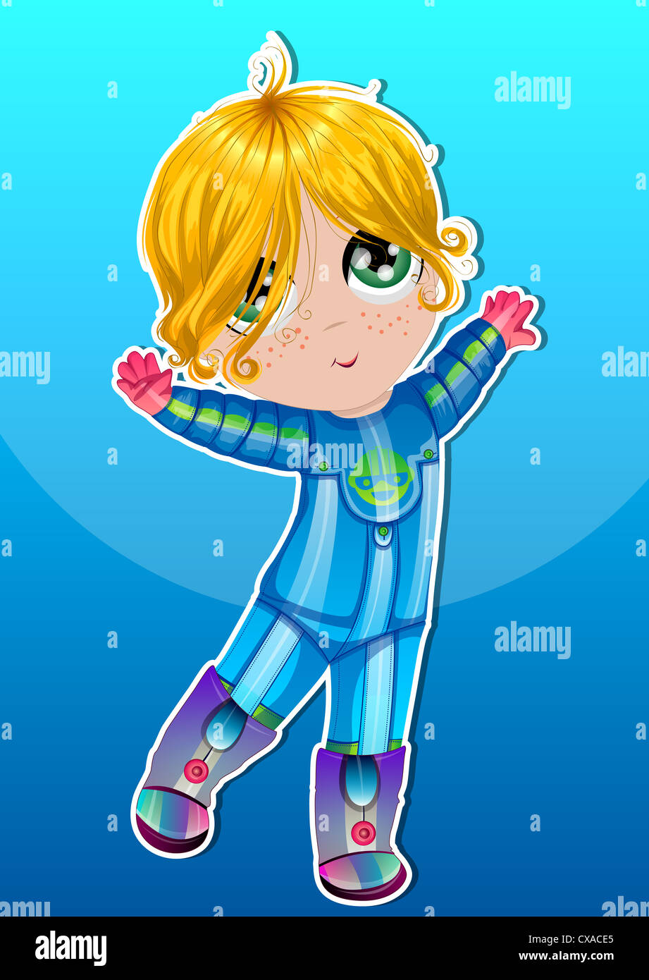 Baby In An Blue Astronaut Suit Dancing Blonde Hair Green Eyes
