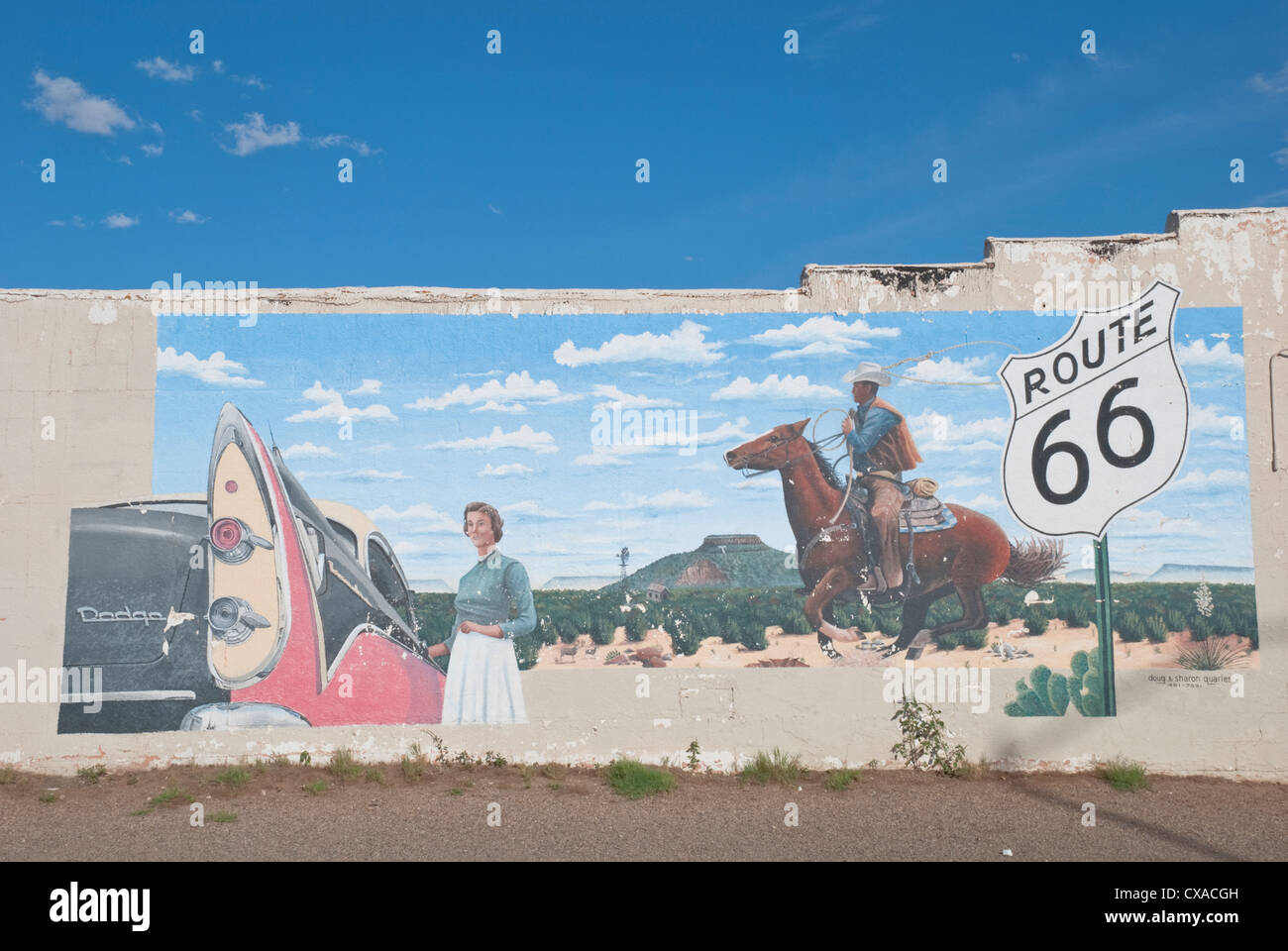 Large murals are on many buildings along Route 66 in Tucumcari, New Mexico. Stock Photo