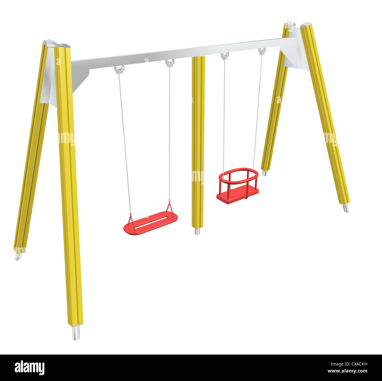 Child-safe swing, yellow and red, 3D illustration, isolated against a white background. Stock Photo
