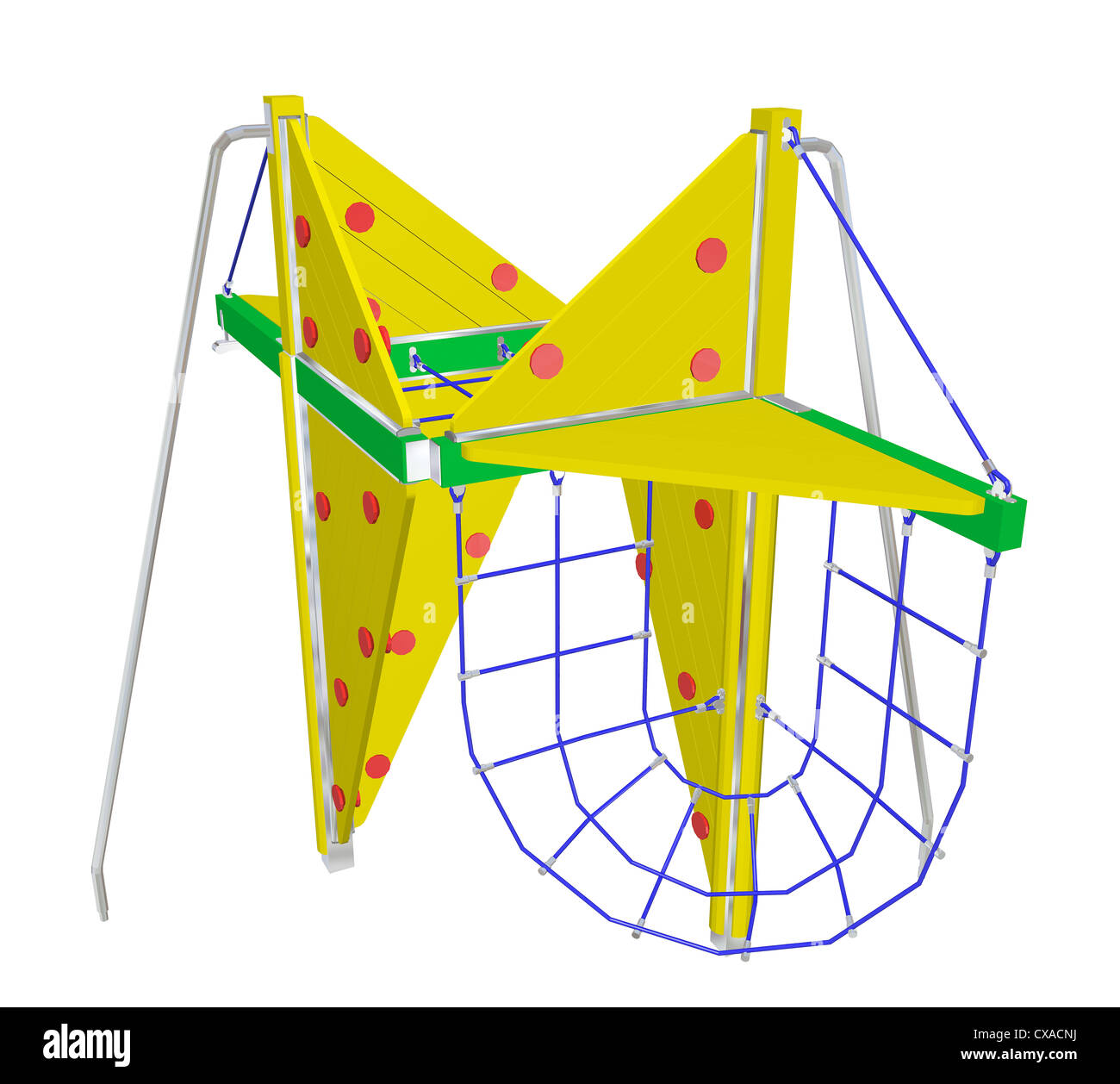 Play and climbing net, yellow and green, with red dots, 3D illustration, isolated against a white background. Stock Photo