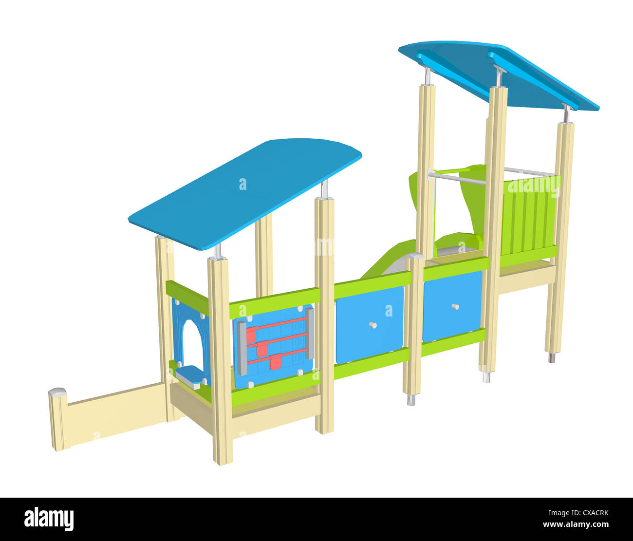 Playhouse with slide, blue green and yellow, 3D illustration Stock Photo