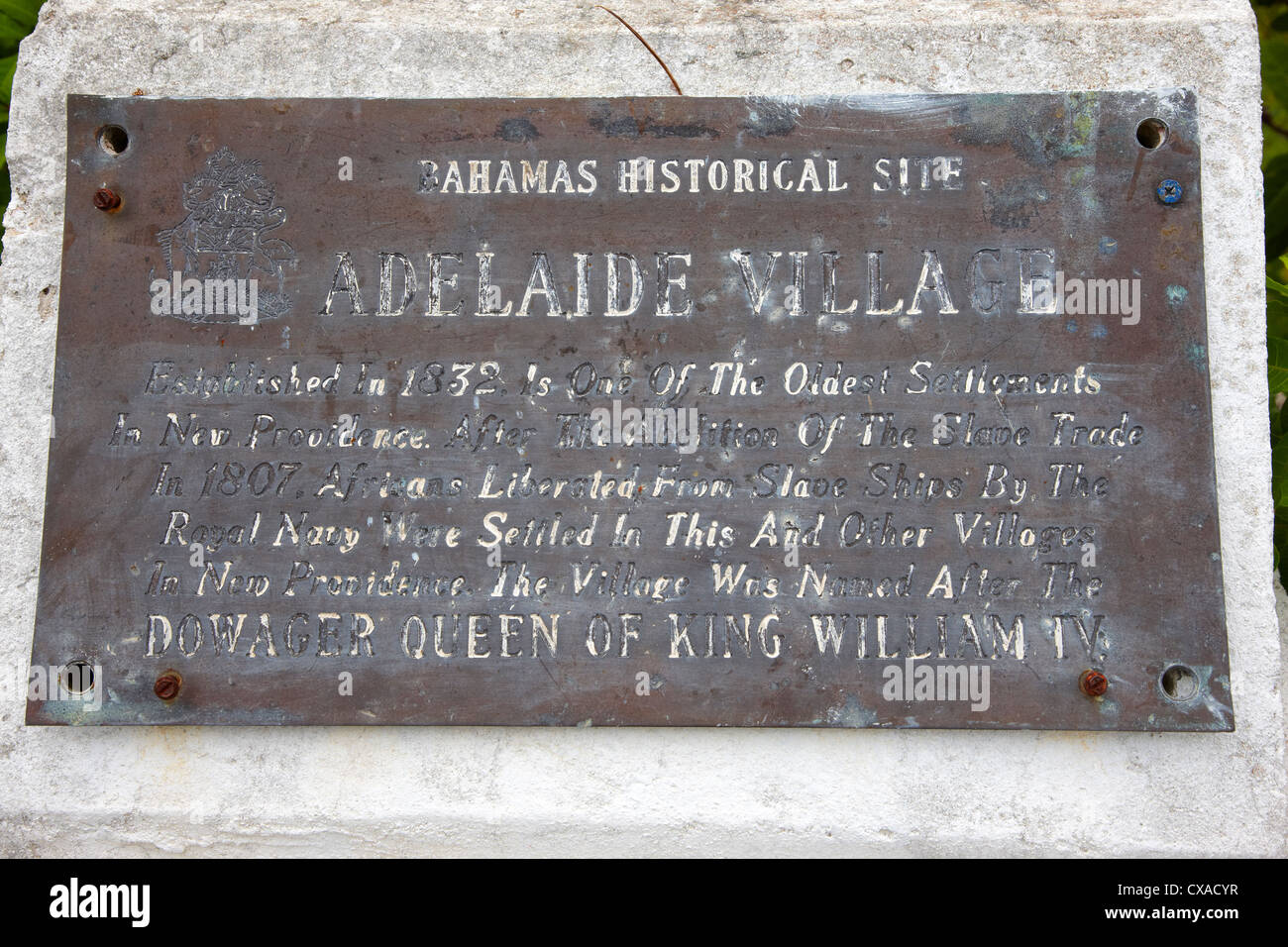 Adelaide Village Plaque, Bahamas Historical Site, New Providence Island, the Bahamas, Caribbean Stock Photo