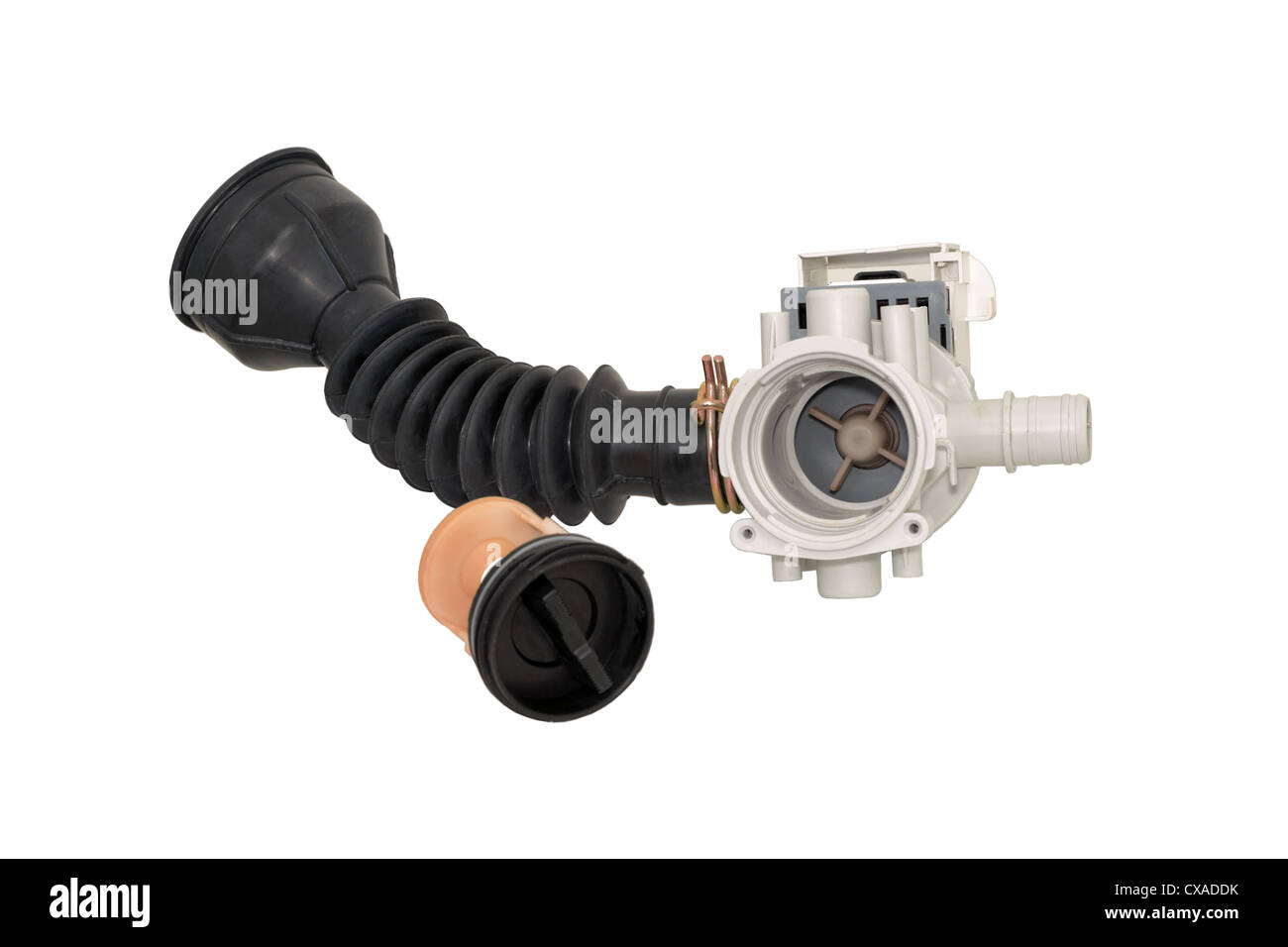 pump, isolated, machine, domestic, equipment, wash, washing, cork, hose, black, plastic, rubber, corrugated, part, disassemble, Stock Photo