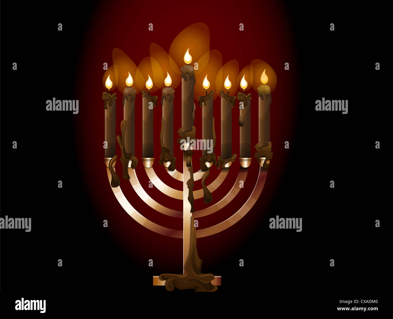 Menorah, a nine-branched candelabrum with lighted candles, vector illustration Stock Photo