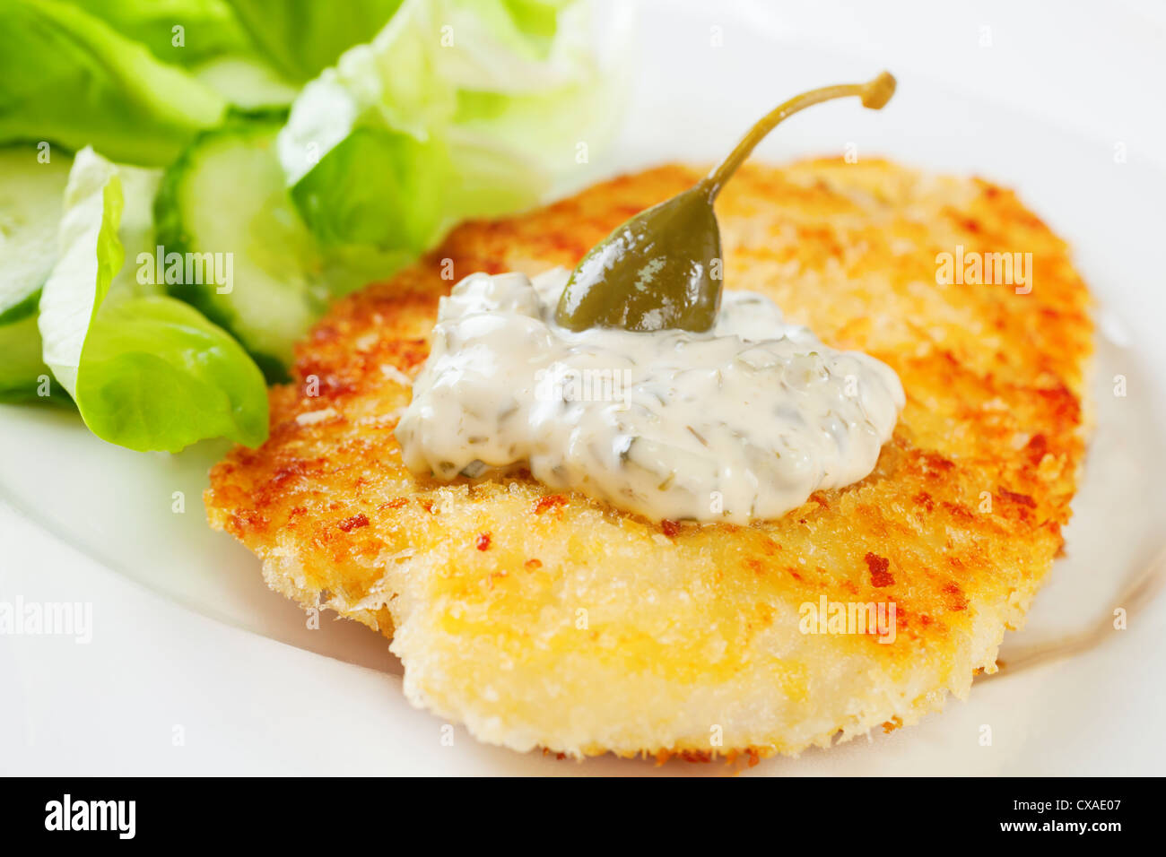 Breaded fish with tartare sauce and a caperberry, served with salad. Homemade food. Stock Photo